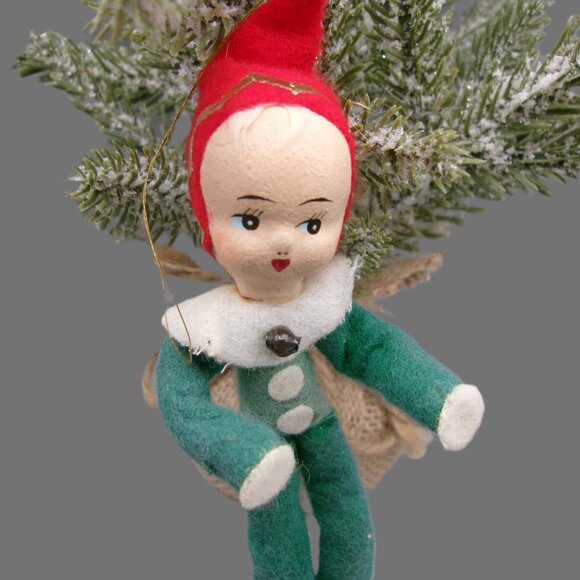 Green Poseable Pixie Elf Ornament, Paper Mache or Composite Face, Vtg Christmas - Picture 4 of 6